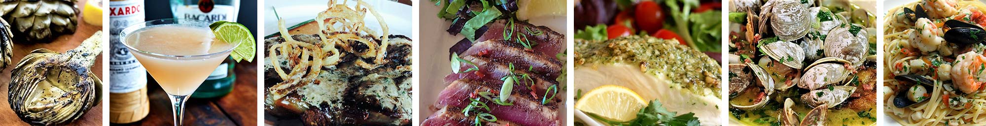 several images featuring The Sawtooth Club's dishes and drinks. From left to right: grilled artichokes, Hemmingway Daquairi, Grilled Ribeye, Seared Tuna, Grilled Halibut with Pistachio Crust, Steamed Clams, Seafood Pasta